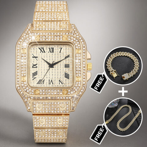Iced Out Watch Rhinestone Watch Set Watch + Bracelet + Necklace