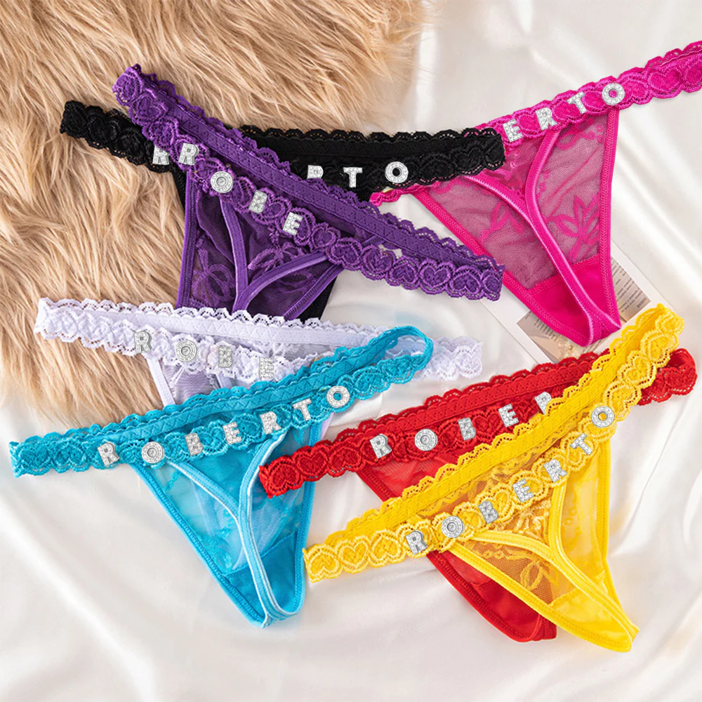 Custom Lace Thongs with Jewelry Crystal Letter Name