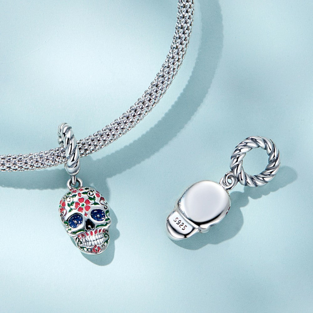 Flower Skull Head Dangle Charm Silver