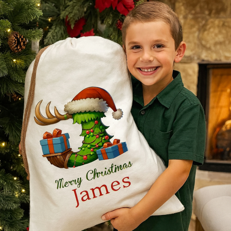 Custom Christmas Alphabet Canvas Gift Bag Tree Snowman Elf Igloo Drawstring