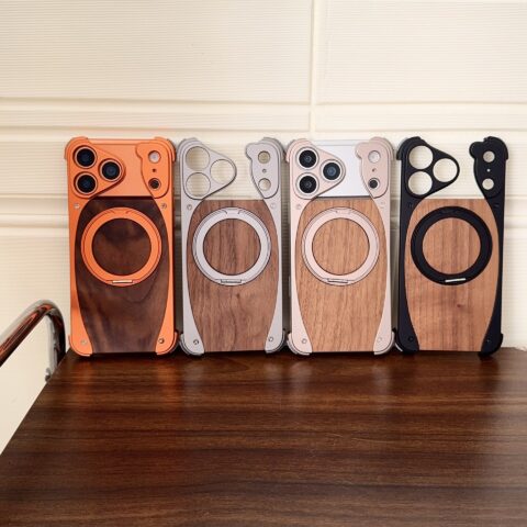 Walnut Wood Phone Case Metal Bumper Magnetic Wireless Charging Compatible 360
