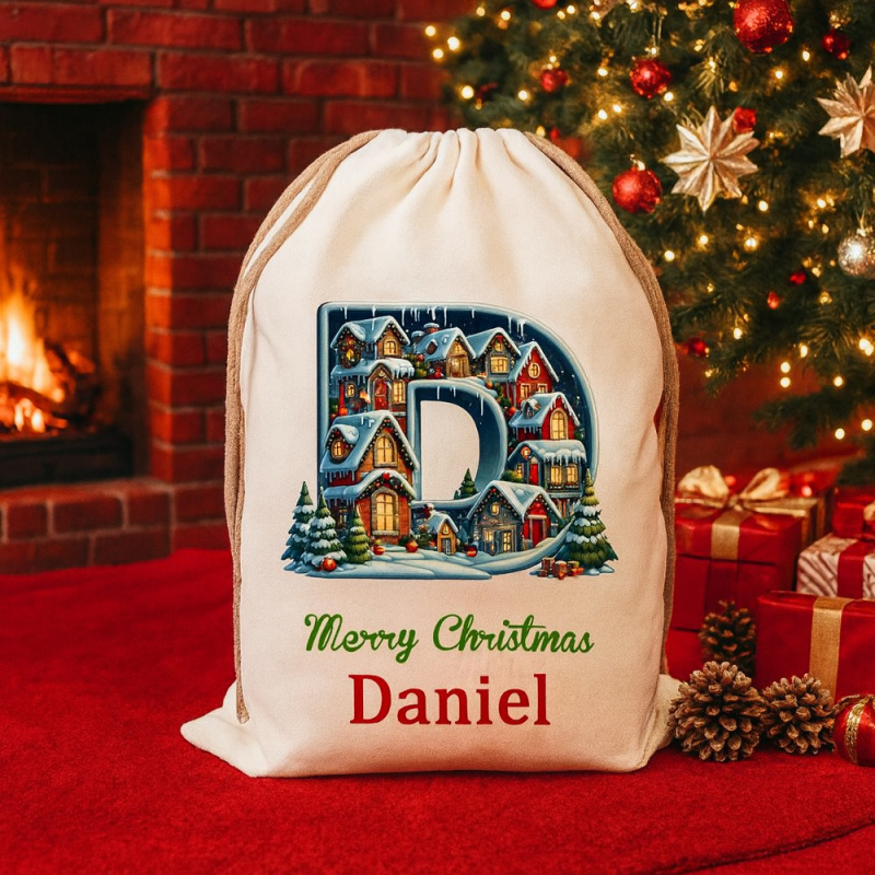 Custom Christmas Alphabet Canvas Gift Bag Tree Snowman Elf Igloo Drawstring
