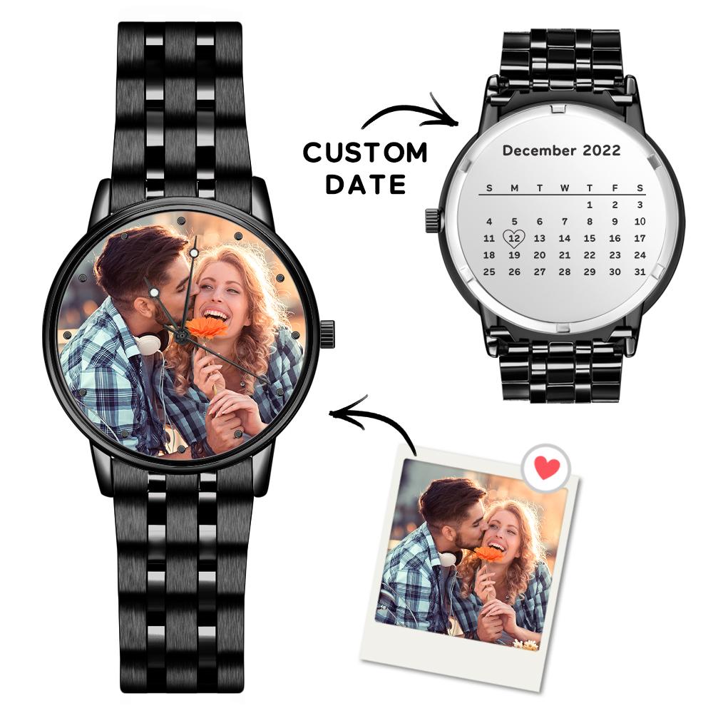 Men’s Engraved Photo Watch Calendar Black Alloy Bracelet Gift for Couple