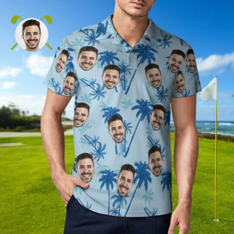 Men’s Custom Face Polo Shirt Personalized Light Blue Hawaiian Golf Shirts