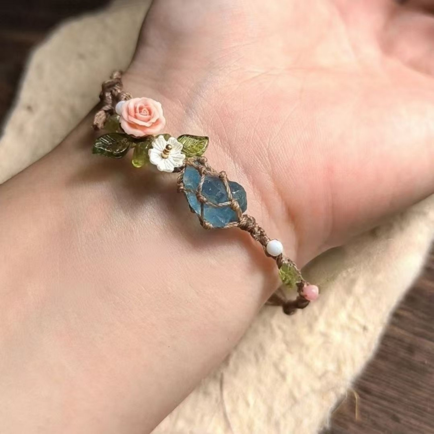 Personalized Colorful Stone Wreath Bracelet with Mesh Weave Gift for Girls