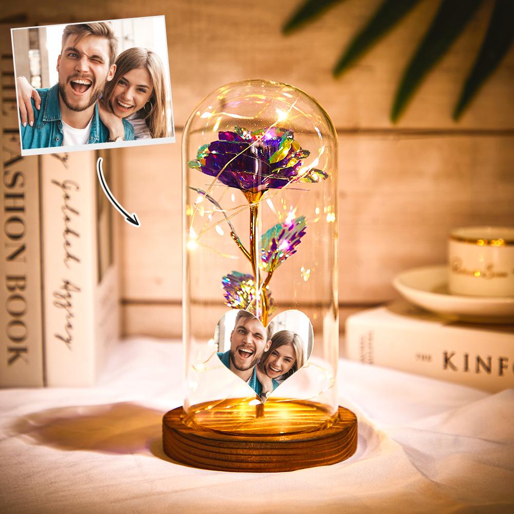 Custom Heart-shaped Photo Eternal Colorful Rose Flower LED Night Light Romantic
