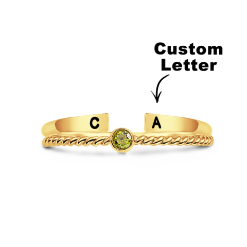Custom Initial Ring Set Personalized Adjustable Filled Twisted Birthstone Two Rings