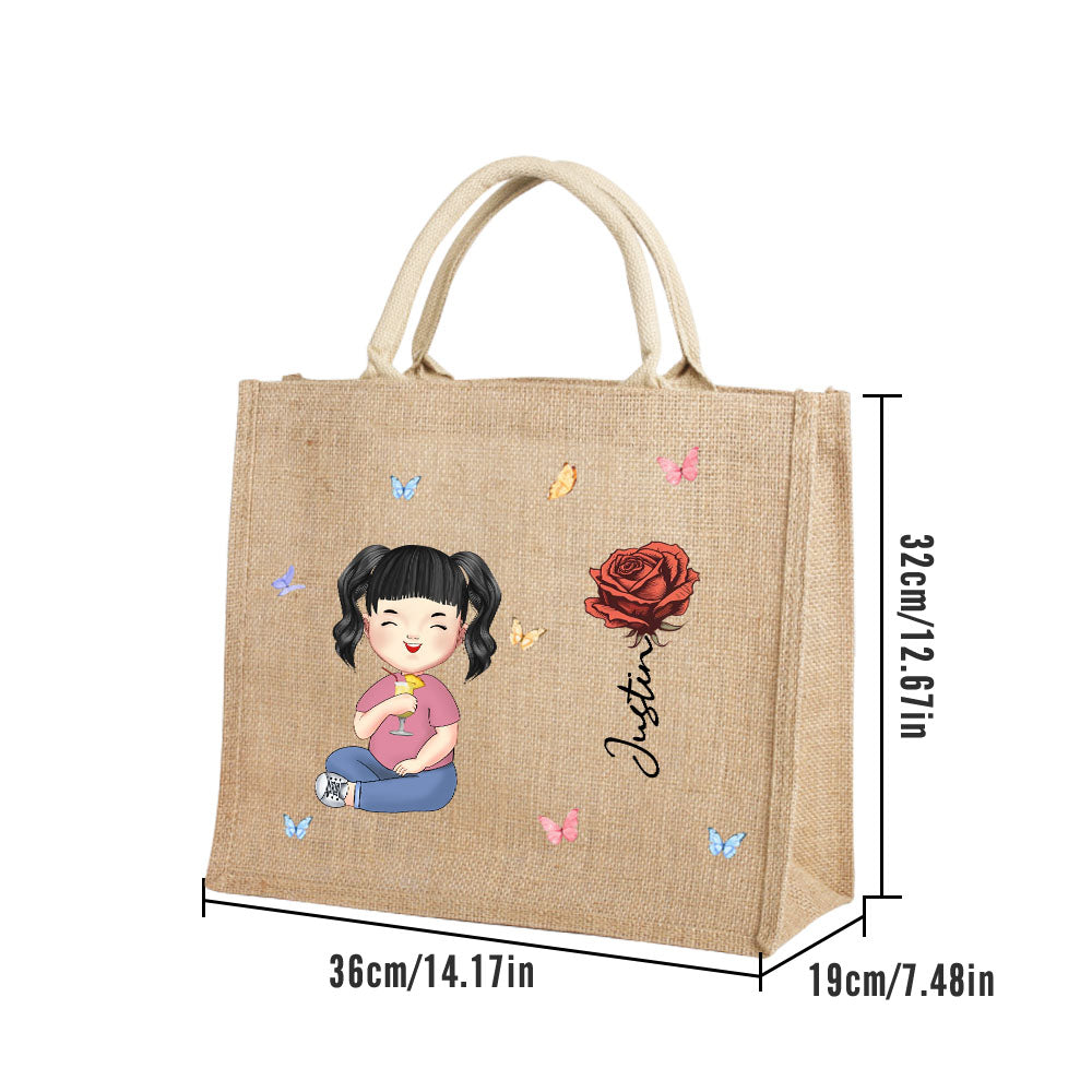 Personalized Cartoon Women Girl Birth Flower Jute Tote Bag with Name
