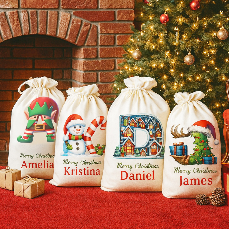 Custom Christmas Alphabet Canvas Gift Bag Tree Snowman Elf Igloo Drawstring
