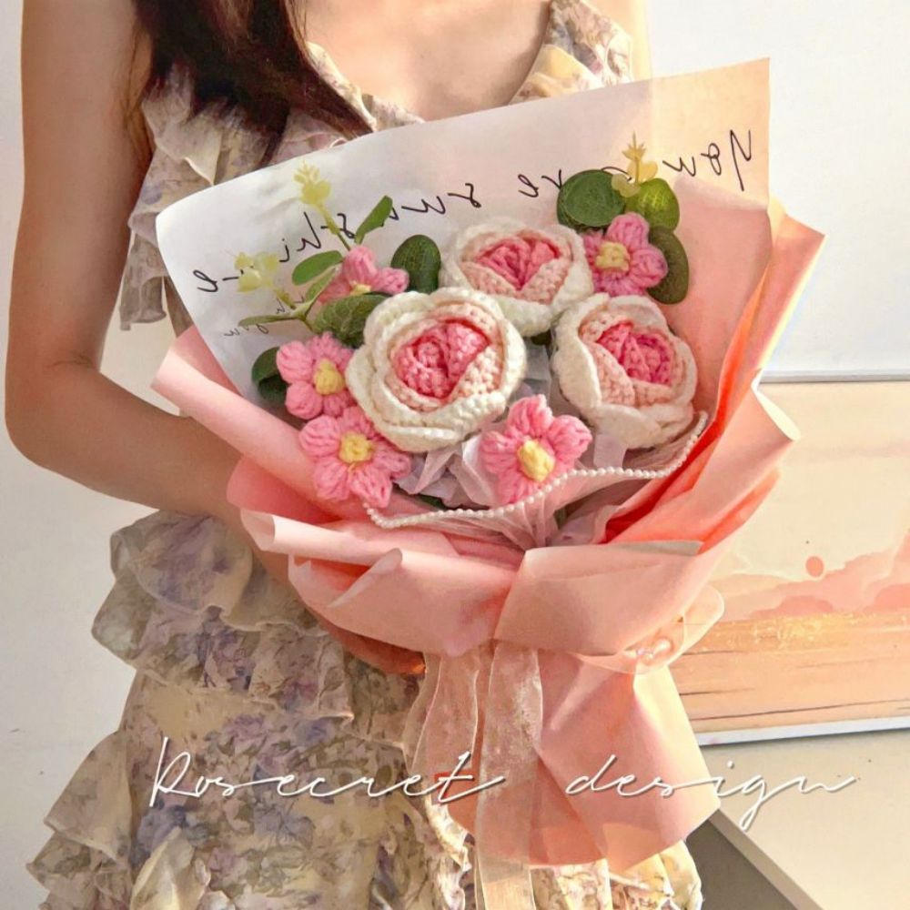Crochet Flowers Bouquet Handmade Knitted Roses Bouquet