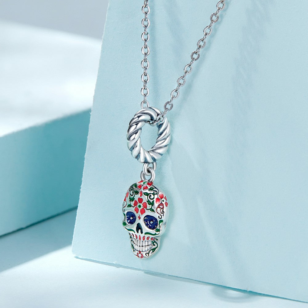 Flower Skull Head Dangle Charm Silver