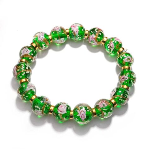 A circle of memories around their wrist: Green with Flowers Firefly Glass Stretch Beaded
