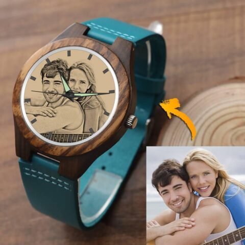 Men’s Engraved Wooden Photo Watch Blue Leather Strap – Sandalwood