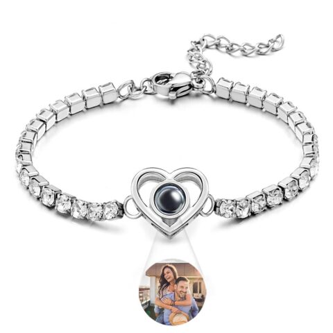 Custom Photo Projection Bracelet Fashionable All Diamonds Heart Shaped Charm Bracelet