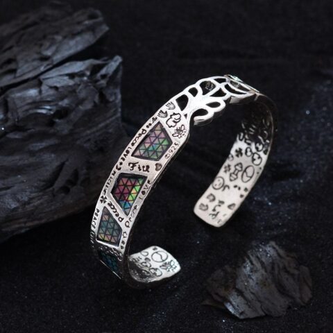 Vintage Geometric Graffiti Totem Open Cuff Bangle Retro Silver Tone Carved