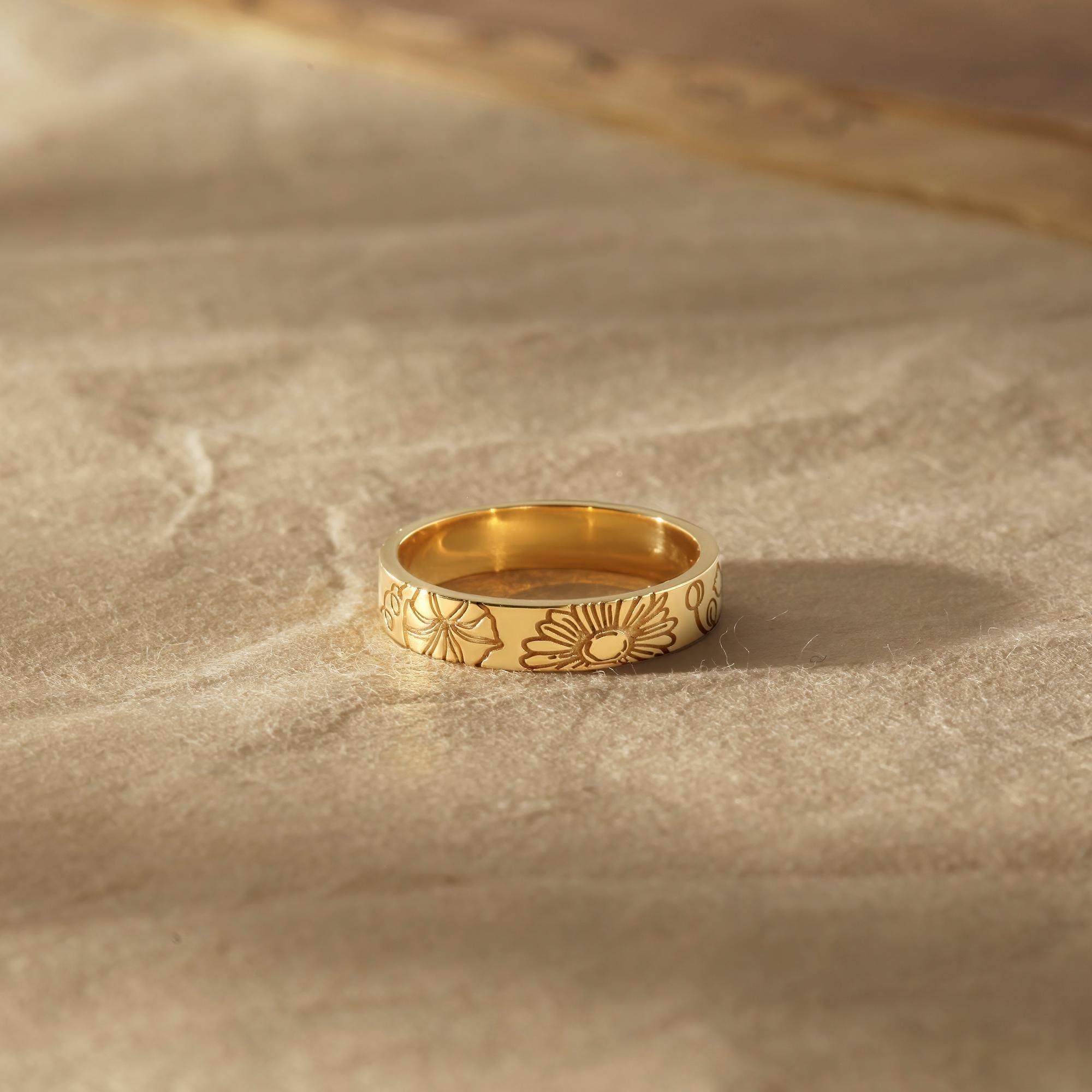 Birthflower Ring, Floral Ring, Mothers Ring, Personalized Jewelry Gift, Gold Ring,