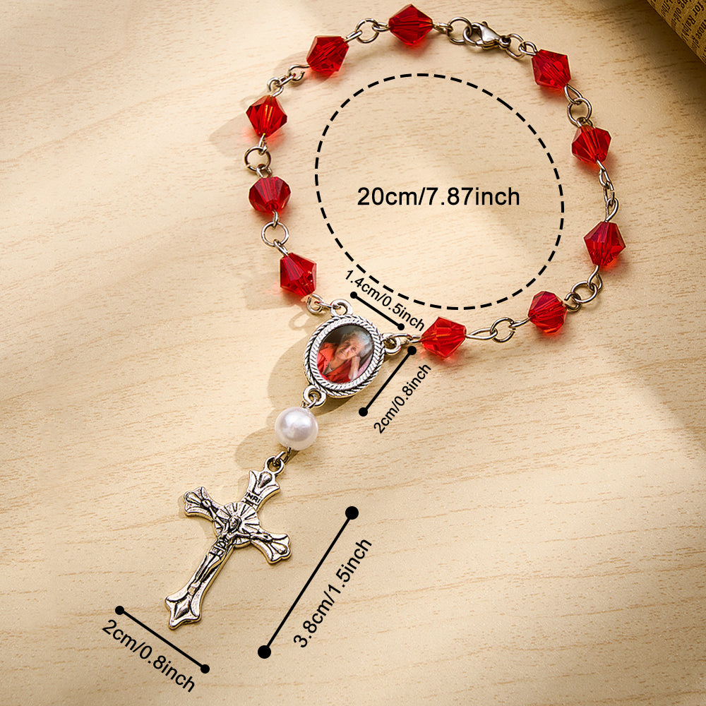 Personalized Photo Birthstone Rosary Bracelet with Cross Pendant Memorial