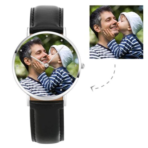 Their New Everyday Carry: Personalized Engraved Watch, Photo Watch with Black Leather