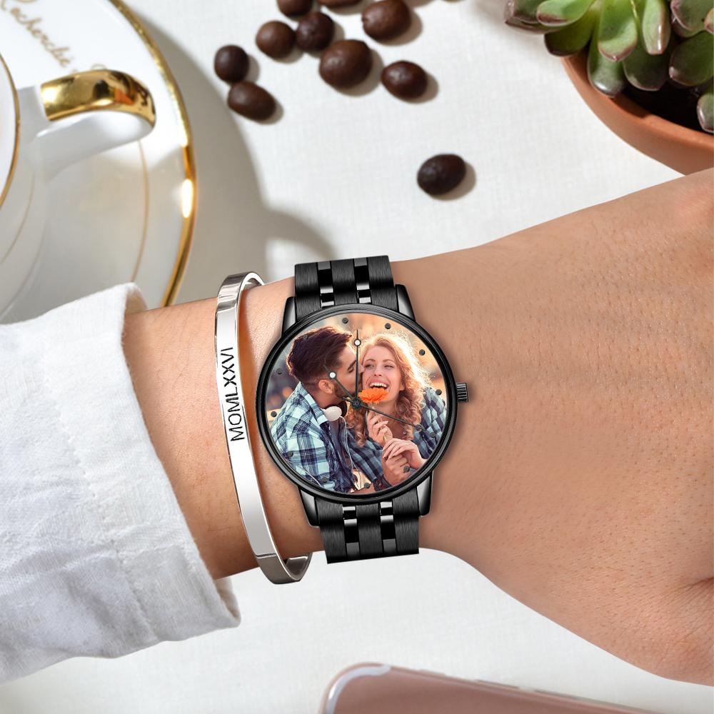 Men’s Engraved Photo Watch Calendar Black Alloy Bracelet Gift for Couple