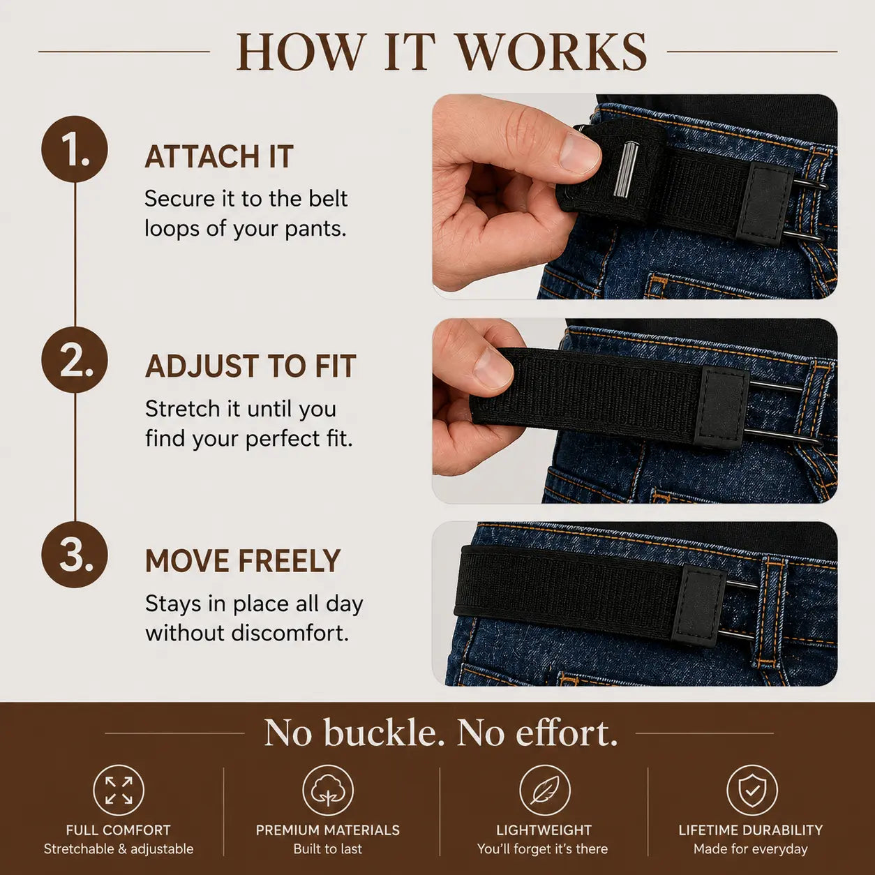 Buckle-Free Elastic Belt for Jeans Adjustable Waist Tightener hook and loop