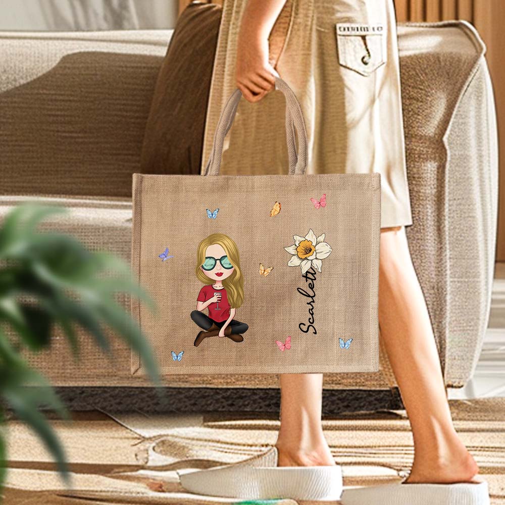 Personalized Cartoon Women Girl Birth Flower Jute Tote Bag with Name