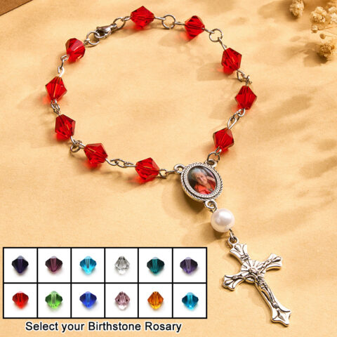 Personalized Photo Birthstone Rosary Bracelet with Cross Pendant Memorial