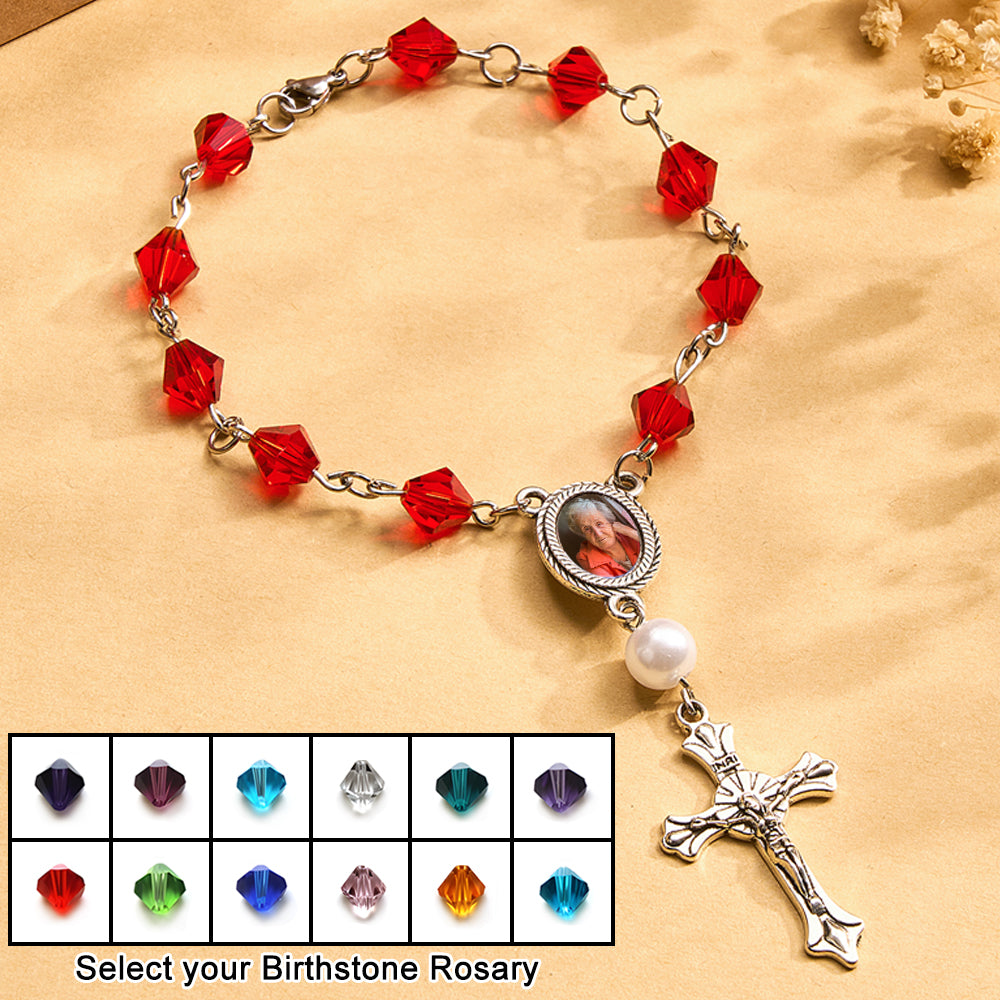 Personalized Photo Birthstone Rosary Bracelet with Cross Pendant Memorial