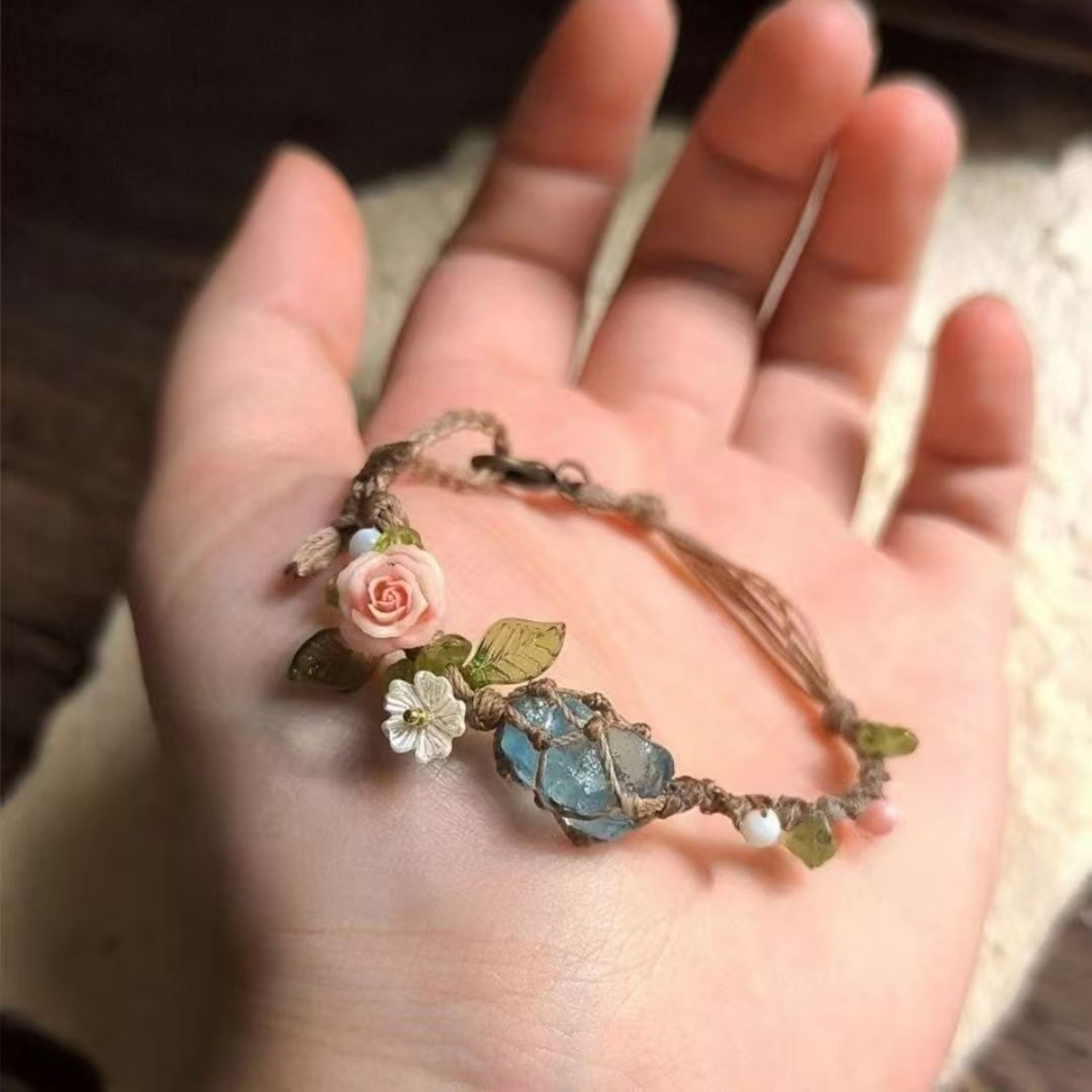 Personalized Colorful Stone Wreath Bracelet with Mesh Weave Gift for Girls