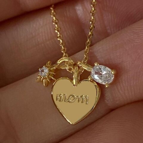 MOM Heart Dainty Gold Necklace Copper Gold Plated Zircon Necklace Mother’s