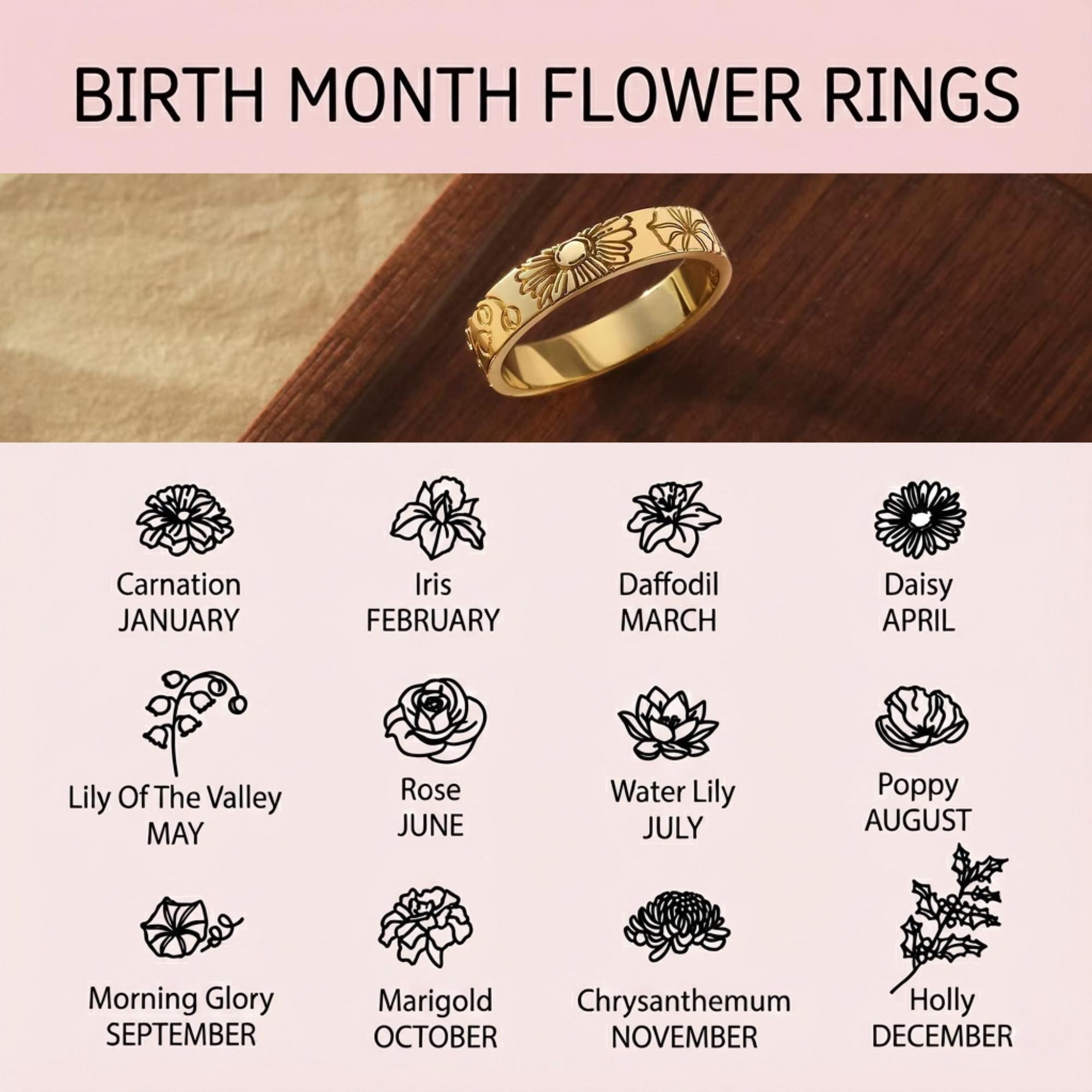 Birthflower Ring, Floral Ring, Mothers Ring, Personalized Jewelry Gift, Gold Ring,
