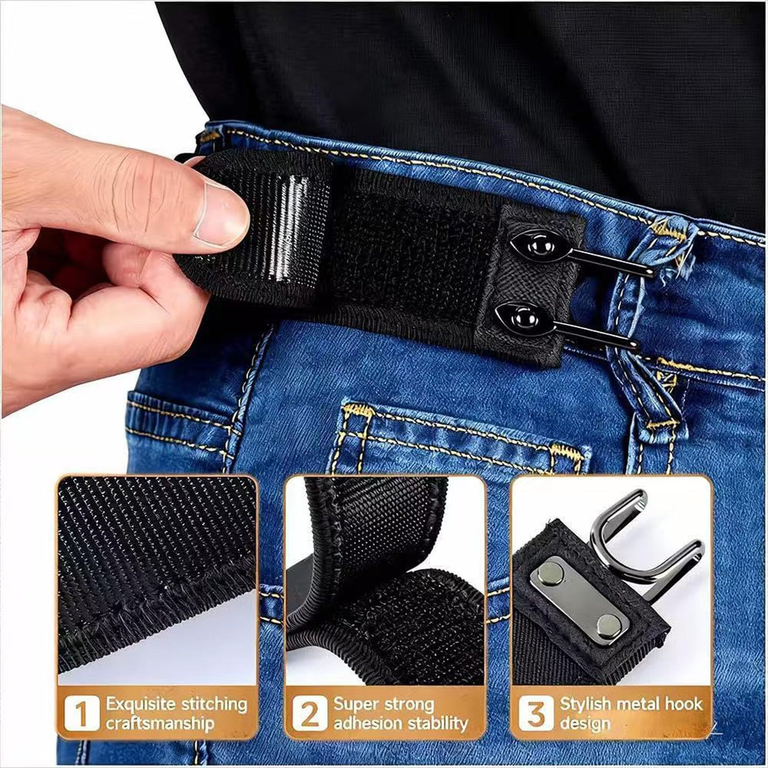 Buckle-Free Elastic Belt for Jeans Adjustable Waist Tightener hook and loop