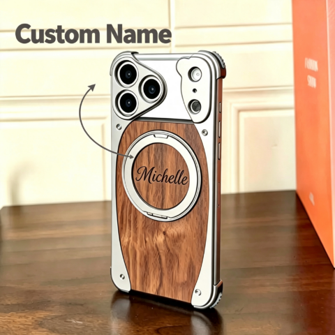 Custom Name Walnut Wood Phone Case Metal Bumper Magnetic Wireless Charging