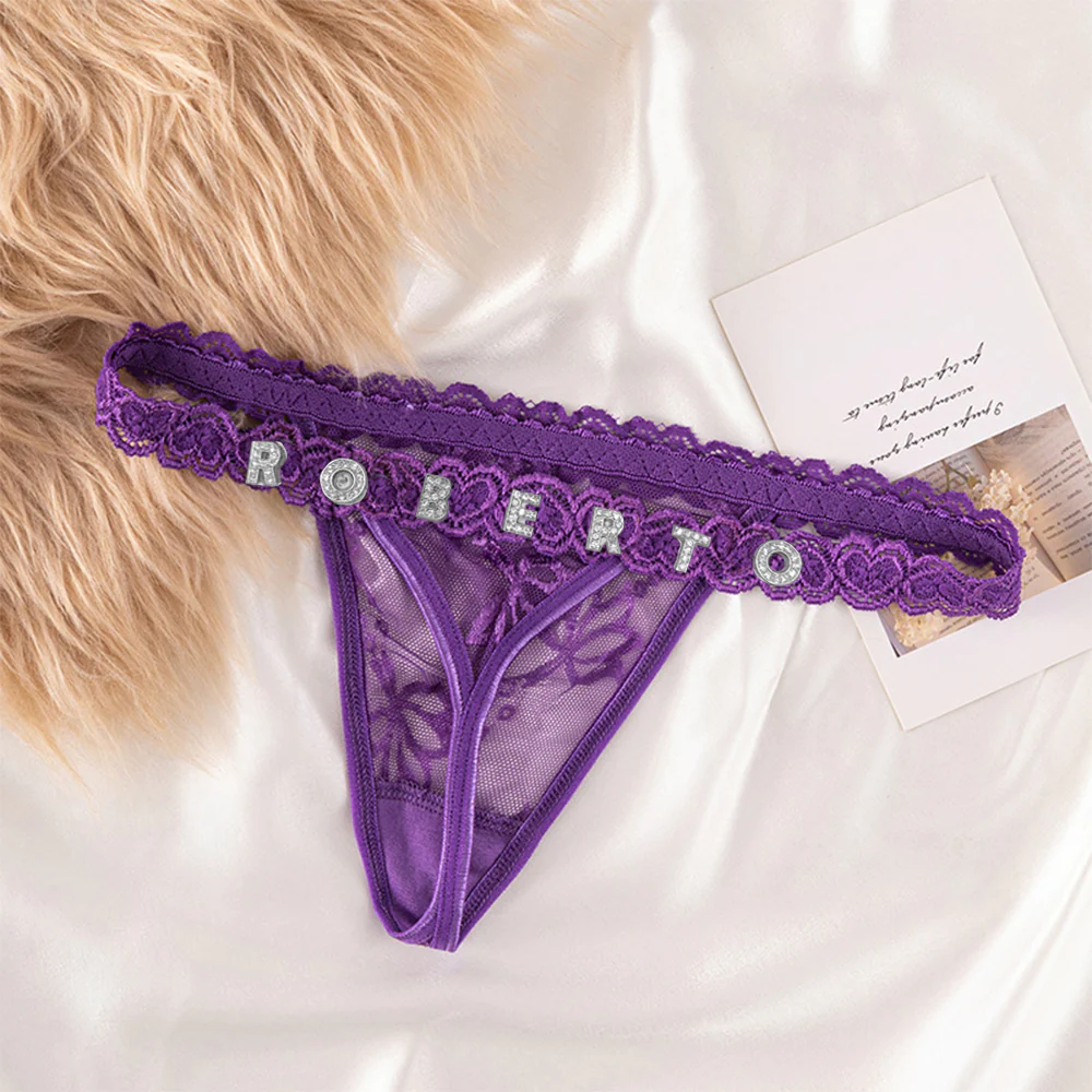 Custom Lace Thongs with Jewelry Crystal Letter Name