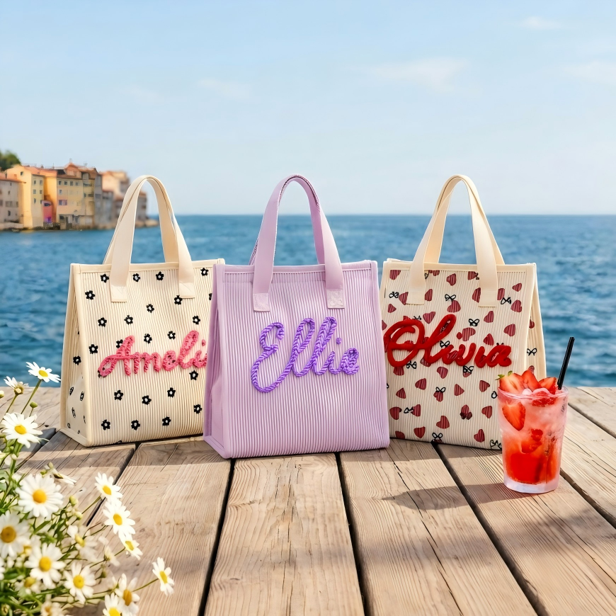 Personalized Corduroy Lunch Bag, Custom Name Soft Insulated Tote for Work