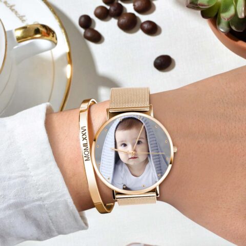 Special Offer Women S Engraved Rose Gold Alloy Bracelet Photo Watch