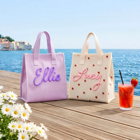 Personalized Corduroy Lunch Bag, Custom Name Soft Insulated Tote for Work