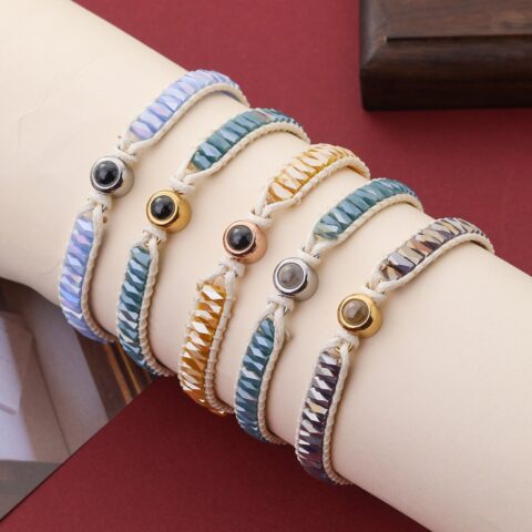 Personalized Photo Bracelet Sparkling Crystal Beads Adjustable Braided Cord Custom