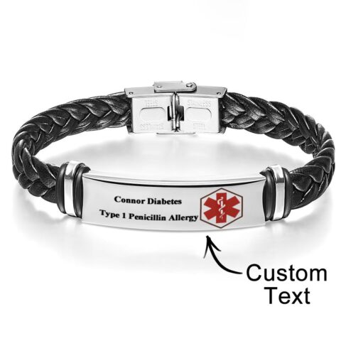 Medical Alert Leather Bracelet | Free Custom Personalized Engraving Jewelry Emergency