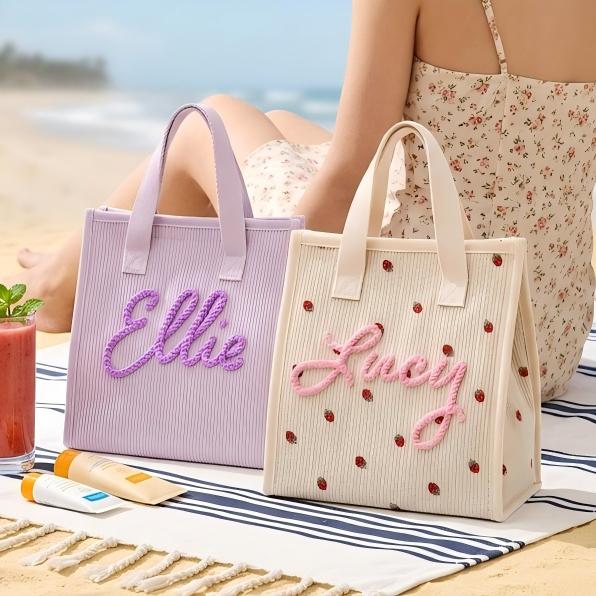 Personalized Corduroy Lunch Bag, Custom Name Soft Insulated Tote for Work