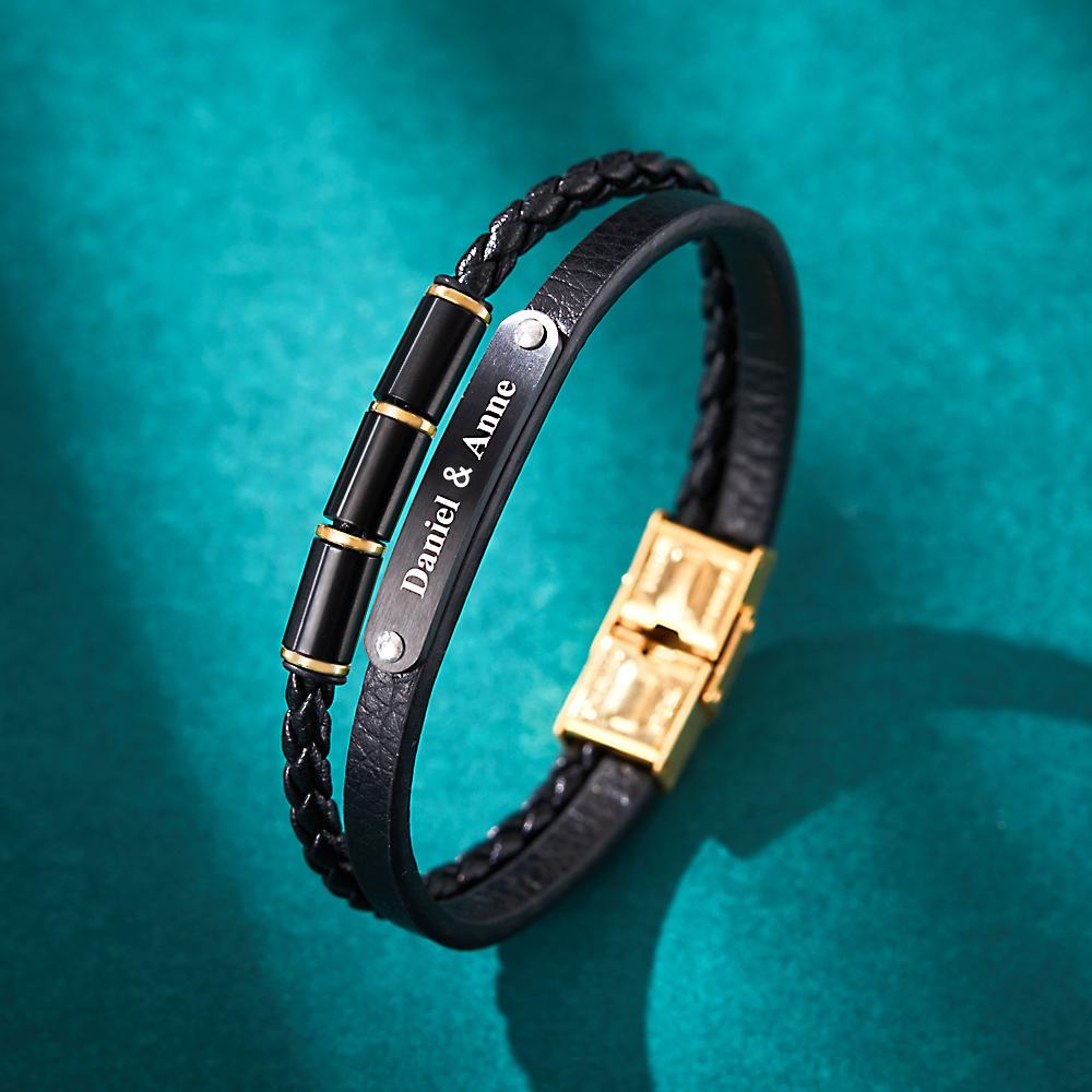 Custom Engraved Multy Layer Retro Style Men’s Leather Bracelet