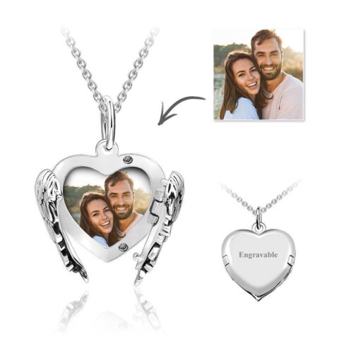 Engravable Photo Locket Necklace Personalized Heart Angel Wings