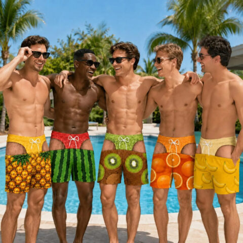 Custom Funny Men’s Swim Trunks with Tropical Fruit Illusion- Summer Vacation