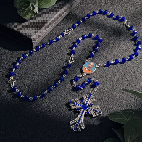 Custom Rosary Beads Cross Necklace Personalized Goth Blue Beads Necklace