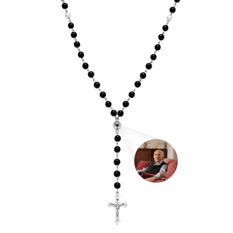 Personalized Photo Projection Multi-Color Rosary Beads Cross Necklace with Photo Memorial