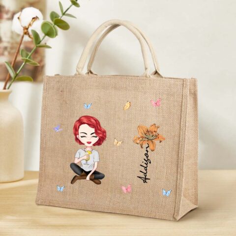 Personalized Cartoon Women Girl Birth Flower Jute Tote Bag with Name