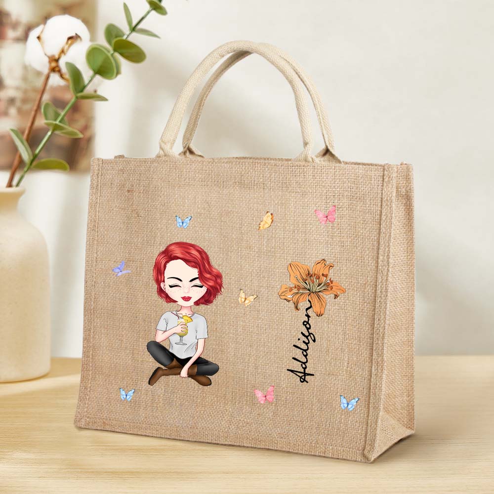 Personalized Cartoon Women Girl Birth Flower Jute Tote Bag with Name