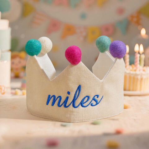 Custom Name Embroidered Linen Crown for Kids and Children’s Birthdays Keepsake