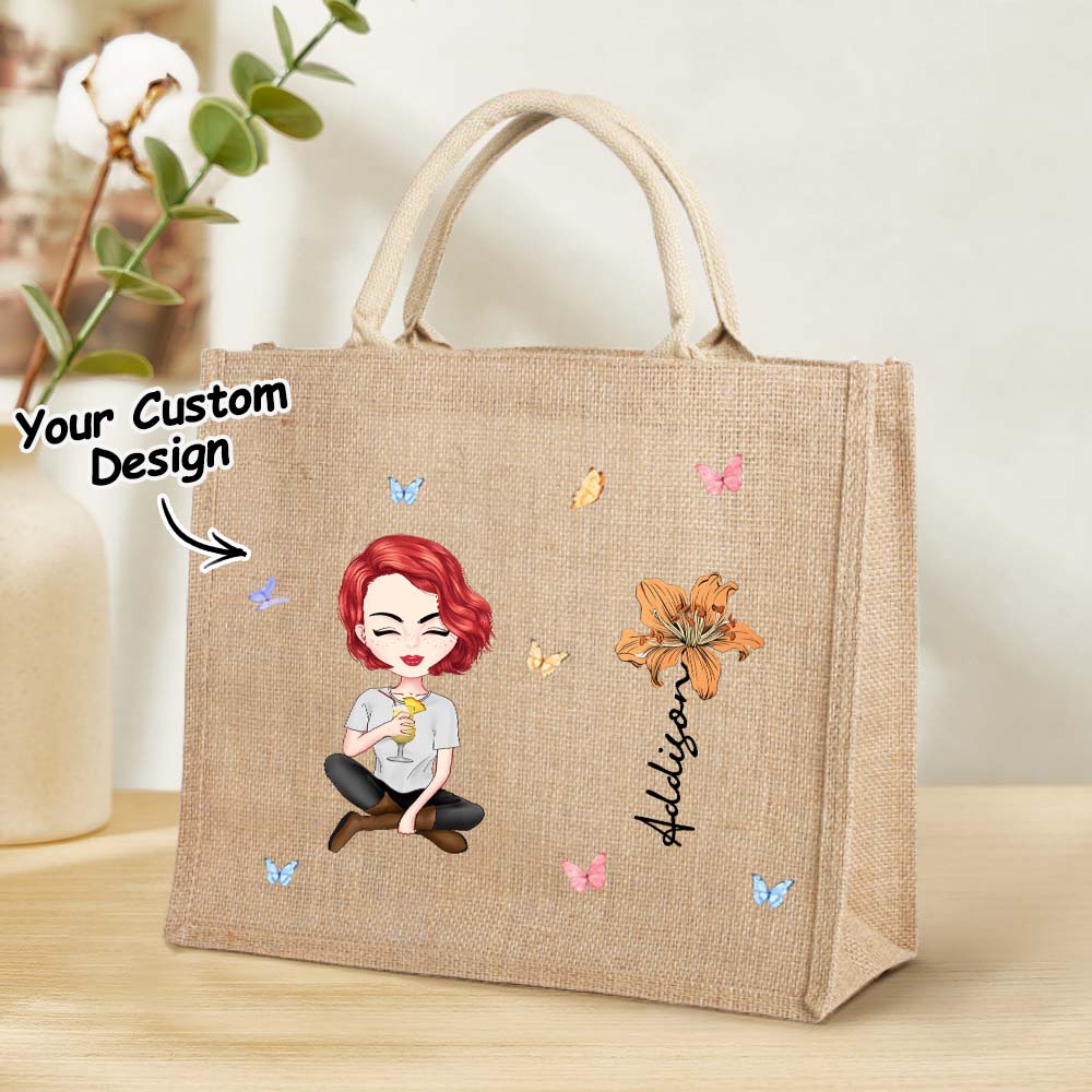 Personalized Cartoon Women Girl Birth Flower Jute Tote Bag with Name