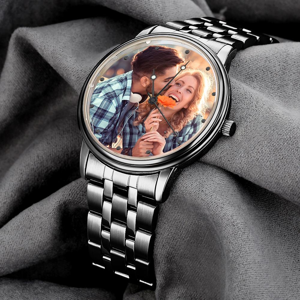 Men’s Engraved Photo Watch Calendar Black Alloy Bracelet Gift for Couple