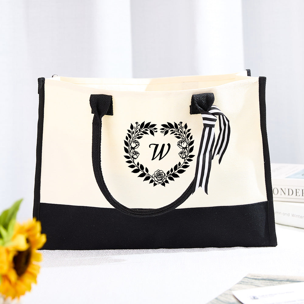 Personalized Wreath Initial Canvas Tote Bag Large Capacity Tote Bag